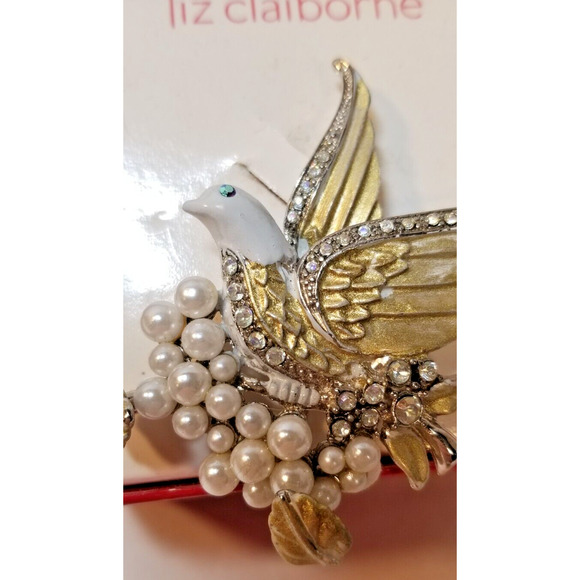 Vintage Liz Claiborne Rhinestone & Pearl Dove of Peace Brooch/Pin New In Box - Picture 5 of 6